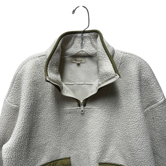 Madewell Cream Fleece 1/4 Zip Fleece Popover Jacket Barn Pockets Green Boxy Cozy - Picture 4 of 11
